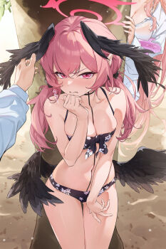 1boy 2girls absurdres alternate_breast_size bare_arms bare_shoulders behind_tree bikini black_bikini black_wings blue_archive blush breasts cleavage collarbone fang feathered_wings fingernails hair_between_eyes halo hanako_(blue_archive) hanako_(swimsuit)_(blue_archive) highres jjjsss koharu_(blue_archive) koharu_(swimsuit)_(blue_archive) long_hair looking_at_viewer medium_breasts multiple_girls navel outdoors pink_eyes pink_hair pink_halo pointy_ears sand skin_fang solo_focus standing stomach sweatdrop swimsuit tree wings