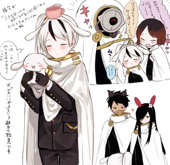 2girls 3boys animal_ears bat_ears black_gloves black_hair black_hairband black_jacket black_pants brown_hair cape cinnamoroll esther_(project_moon) eyepatch fuwa_fuwa_cinnamoroll gloria_(project_moon) gloves gold_trim hairband highres hubert_(library_of_ruina) jacket library_of_ruina long_hair mask moirai_(project_moon) multicolored_hair multiple_boys multiple_girls pants pink_hairband project_moon rabbit_ears sanrio side_ponytail streaked_hair very_long_hair white_background white_cape white_hair white_hairband y_o_u_k_a yan_vismok