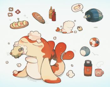 Rule 34 | akadako, animal focus, ball, closed eyes, commentary request, cup, floating, food, full body, gen 1 pokemon, gen 2 pokemon, glimmora, grey background, mareep, marill, mug, nintendo, no humans, pokemon, pokemon (creature), sandwich, simple background, slowpoke, soap bubbles, soccer ball, speech bubble, submarine sandwich, tatsugiri, thought bubble