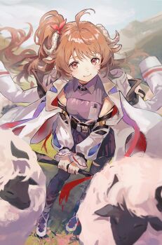 Rule 34 | 1girl, absurdres, ahoge, animal ears, ardelia (arknights), arknights, arknights: endfield, black pantyhose, black skirt, black sleeves, brown hair, coat, coat on shoulders, collared shirt, commentary, highres, hijigon, horns, layered sleeves, long hair, long sleeves, looking at viewer, open clothes, open coat, pantyhose, pink eyes, ponytail, purple shirt, sheep, sheep ears, sheep girl, sheep horns, shirt, shoes, skirt, sleeveless, sleeveless shirt, smile, solo, symbol-only commentary, white coat, white sleeves