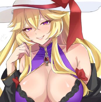 0002koko 1girl alternate_costume bare_shoulders blonde_hair breasts cleavage commentary_request covered_collarbone dress hair_between_eyes hair_ribbon hand_up hat highres large_breasts long_hair long_sleeves looking_at_viewer off-shoulder_dress off_shoulder parted_lips purple_eyes revision ribbon signature smile solo teeth touhou upper_body white_background yakumo_yukari