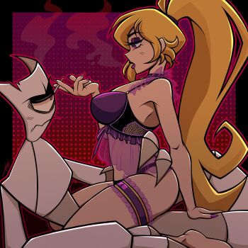 1boy 1girl aemoonlight143 babydoll blonde_hair cigarette eyeshadow fold_(gameoverse) gameoverse glitch_productions highres holding holding_cigarette lingerie makeup miss_information_(gameoverse) one-eyed panties ponytail purple_babydoll purple_eyeshadow purple_lips purple_nails smoking straddling underwear