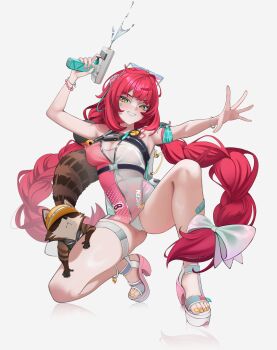 1girl absurdres bandaid bandaid_on_leg braid breasts commentary english_commentary eyewear_on_head green_eyes highres holding holding_water_gun hyafumi large_breasts long_hair looking_at_viewer official_alternate_costume platform_sandals raccoon red_hair sandals simple_background smug solo squatting sunglasses thighs toes twin_braids two-tone_one-piece_swimsuit ukinami_yuzuha ukinami_yuzuha_(tanuki_in_broad_daylight) very_long_hair water_gun white_background zenless_zone_zero