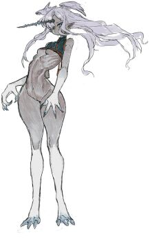 1girl black_tank_top blue_eyes breasts expressionless full_body grey_claws grey_fur groin highres horns long_hair looking_at_viewer monster_girl navel no_pants original pdozip pussy ribs single_horn small_breasts solo spiral_horn standing stomach tank_top tassel thick_thighs thighs underwear wide_hips