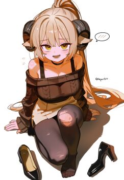 1girl absurdres animal_ears arm_support armpit_crease bare_shoulders black_choker black_pantyhose black_shoes blush borrowed_character breasts brown_hair brown_skirt brown_sweater cable_knit choker cleavage collarbone commentary curled_horns english_commentary enna_(deadthingyz) flying_sweatdrops from_above full_body goat_ears goat_girl goat_horns hair_intakes hands_on_ground hepari high_heels highres horns knee_up large_breasts long_hair long_sleeves looking_at_viewer looking_up lower_teeth_only miniskirt no_shoes off-shoulder_sweater off_shoulder open_mouth original pantyhose ponytail raised_inner_eyebrows shadow shoes simple_background sitting skirt sleeves_past_wrists solo speech_bubble spoken_blush sweatdrop sweater teeth torn_clothes torn_pantyhose unworn_shoes very_long_hair white_background yellow_eyes