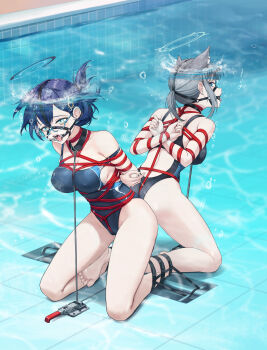 2girls absurdres animal_ear_fluff animal_ears arms_behind_back asphyxiation bare_shoulders bdsm blue_archive blue_eyes blue_one-piece_swimsuit bondage bound bound_arms bound_breasts bound_legs bound_together bound_torso bound_wrists box_tie breasts chihiro_(blue_archive) collarbone covered_erect_nipples crotch_rope drowning female_focus gag gag_harness gagged glasses grey_hair halo highres kneeling kumachi_(aikawaakeya) large_breasts large_variant_set medium_hair multiple_girls one-piece_swimsuit ponytail pool predicament_bondage purple_hair restrained ring_gag shibari shibari_over_clothes shiroko_(blue_archive) skindentation swimsuit tongue tongue_out torture variant_set