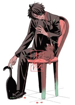 Rule 34 | 1boy, black footwear, black hair, black jacket, black pants, blush, cat, chair, collared shirt, copyright name, dress shoes, eyepatch, flower, formal clothes, full body, head on knee, highres, jacket, long sleeves, male focus, on chair, ooe (game), open mouth, pants, petals, red eyes, red shirt, shamoroku, shinbashi (ooe), shirt, short hair, signature, sitting, solo, star (symbol), suit, white background