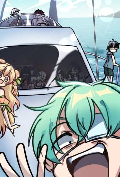 4girls 6+boys black_eyes black_hair blonde_hair commentary day double-parted_bangs drinking english_commentary eyepatch friends green_hair highres long_hair looking_at_viewer multiple_boys multiple_girls ocean open_mouth original outdoors ryuuxin short_hair smile watercraft