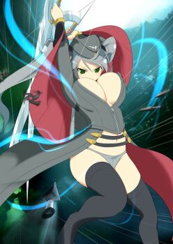 1girl arms_up aura battle black_boots black_thighhighs boots bouncing_breasts breasts cleavage closed_mouth dixie_cup_hat dual_wielding energy game_cg green_eyes grey_hair grey_hat grey_jacket grey_panties groin hat holding holding_sword holding_weapon imminent_attack jacket kunai large_breasts long_hair military_hat motion_blur motion_lines navel official_art panties partially_unzipped senran_kagura senran_kagura_new_wave shuriken solo swept_bangs swinging_weapon sword thigh_boots thighhighs third-party_source tsubame_(senran_kagura) twintails underwear very_long_hair weapon