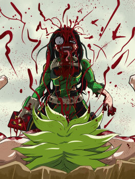 1boy 1girl asui_tsuyu bible_(object) blood blood_in_hair blood_on_clothes blood_on_face blood_splatter bodysuit boku_no_hero_academia book broken_finger broly_(dragon_ball_z) commentary crazy_eyes danielfs defeat dragon_ball dragonball_z english_commentary frog_girl from_below green_bodysuit green_hair half-closed_eye highres holding holding_book invincible_(series) long_hair long_tongue lying meme muscular muscular_male on_back open_mouth outdoors parody scene_reference short_hair sitting sitting_on_person straight-on super_saiyan teeth tongue torn_clothes uneven_eyes