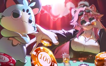 1girl absurdres alcohol animal_ears black_jacket breasts chattino_(raora_panthera) cigar crossed_arms cup drinking_glass eyewear_on_head highres holding holding_cigar hololive hololive_english ice ice_cube insfidelie jacket large_breasts panther_ears panther_girl pink_hair poker_chip poker_table raora_panthera shirt smoke smoking sunglasses table virtual_youtuber whiskey white_shirt white_streaks