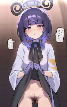 Rule 34 | 1girl, black dress, blunt bangs, blush, bob cut, bow, brown background, clothes lift, cowboy shot, crown, dress, dress lift, female pubic hair, gloves, gluteal fold, gwynn (pokemon), hat, japanese text, keman, lifting own clothes, nintendo, no panties, open mouth, pokemon, pokemon legends: z-a, pubic hair, purple eyes, purple gloves, purple hair, pussy, short hair, solo, speech bubble, standing, white dress