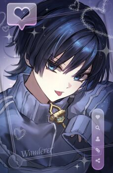 1boy :p apron black_hair blue_eyes blue_hair blunt_ends chain character_name colored_inner_hair commentary empty_eyes formal_clothes frilled_apron frills full-length_zipper genshin_impact glint gold grey_apron grey_sleeves grey_suit hand_up heart highres looking_at_viewer magnifying_glass male_focus multicolored_hair portrait scaramouche_(genshin_impact) sleeves_past_fingers sleeves_past_wrists solo sparkle suit symbol-only_commentary talking_ok tongue tongue_out track_suit tsurime viewfinder wanderer_(genshin_impact) white_trim wispy_bangs zipper