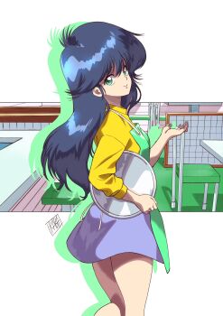 1980s_(style) 1girl ayukawa_madoka black_hair chair closed_mouth green_eyes highres kabashima_yousuke kimagure_orange_road long_hair looking_at_viewer oldschool retro_artstyle skirt smile solo