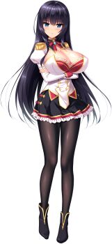 1girl absurdres amatsuka_erena arms_under_breasts black_hair black_pantyhose black_shoes black_skirt blank_stare blue_eyes blush breasts cleavage cleavage_cutout closed_mouth clothing_cutout crossed_arms derauea full_body game_cg highres juliet_sleeves large_breasts long_hair long_sleeves looking_at_viewer motto!_haramase!_(series) motto!_haramase!_honoo_no_oppai_isekai_ero_mahou_gakuen! non-web_source official_art pantyhose puffy_sleeves school_uniform shirt shoes skirt solo tachi-e transparent_background white_shirt