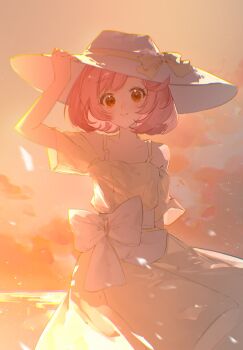 1girl arm_up ayase_naru bare_shoulders bow brown_eyes closed_mouth cloud cowboy_shot dress hand_on_headwear hashtag-only_commentary hat hat_ribbon highres lalu_(laluuu_0) looking_at_viewer off-shoulder_dress off_shoulder outdoors pink_hair pretty_rhythm pretty_rhythm_rainbow_live pretty_series ribbon short_hair short_sleeves sidelighting sky smile solo standing sun_hat sunset white_bow white_hair wind yellow_dress