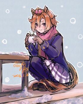 Rule 34 | 1girl, animal ears, blue coat, blush, buttons, closed mouth, coat, commentary request, crown, double-breasted, ear ornament, hair between eyes, horse ears, horse girl, horse tail, knitting, knitting needle, kurauchi naya, long sleeves, mini crown, needle, orange hair, orange tail, pink scarf, purple eyes, purple serafuku, purple skirt, purple thighhighs, scarf, school uniform, serafuku, shirt, short hair, skirt, smile, solo, squatting, t.m. opera o (umamusume), tail, thighhighs, tracen school uniform, tracen winter coat, umamusume, winter clothes, winter coat, winter uniform