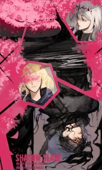 1boy 2girls absurdres armor black_hair black_shirt blonde_hair blue_hoodie branch cassie_(shadow_slave) caustics censored censored_identity copyright_name crown highres hood hood_down hoodie logicsterrr multiple_girls nephis_(shadow_slave) pink_theme shadow_slave shirt shore shoulder_armor sunny_(shadow_slave) tree upside-down water white_hair