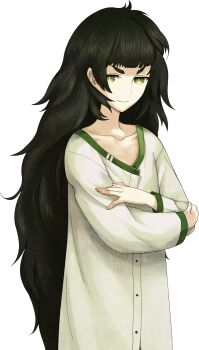 1girl bad_tag blunt_bangs button_dress collar collarbone crossed_arms dress fingernails flat_chest game_cg green_collar green_eyes green_hair green_trim hiyajou_maho huke long_hair looking_at_viewer messy_hair no_jacket non-web_source science_adventure smile solo sprite steins;gate steins;gate_0 transparent_background v-shaped_eyebrows very_long_hair white_dress