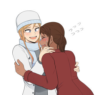 2girls beanie blonde_hair blue_eyes blue_scarf closed_eyes commentary_request crying dark-skinned_female dark_skin earrings flying_sweatdrops galois hat highres jewelry korean_commentary multiple_girls odyssey_(galois) open_mouth ponytail rachel_bowman saliva scarf seong_eun-ha sidelocks smile snot streaming_tears tears white_hat