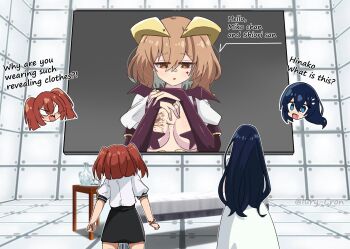 3girls blue_eyes brown_hair cosplay demon_horns english_text highres horns long_hair magia_baiser magia_baiser_(cosplay) magical_girl mahou_shoujo_ni_akogarete meme multiple_girls oumi_shiori parody red_eyes room_you_can't_get_out_of_unless_you_x_(meme) short_hair watashi_wo_tabetai_hitodenashi yaotose_hinako yashiro_miko yuri zombice