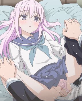 1boy 1girl blush censored clothed_sex clothing_aside commentary_request head_on_pillow hetero holding_hands interlocked_fingers jaggy_lines kao_ni_denai_kashiwada-san_to_kao_ni_deru_oota-kun kashiwada-san long_hair lying mosaic_censoring on_back paid_reward_available panties panties_aside penis pillow pink_hair school_uniform serafuku sex skirt tomu_(tomubobu) underwear vaginal