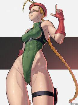 Rule 34 | 1girl, absurdres, antenna hair, arm behind back, artist name, bare shoulders, belt, beret, black belt, blonde hair, blush, braid, braided twintails, breasts, brown background, cammy white, commentary, covered abs, covered collarbone, covered navel, cowboy shot, english commentary, eyeshadow, facial scar, fingerless gloves, from below, gloves, gluteal fold, gradient background, green leotard, grey background, groin, half-closed eyes, hat, highleg, highleg leotard, highres, index finger raised, leotard, lips, long hair, looking down, makeup, parted lips, pouch, red eyeshadow, red gloves, red hat, scar, scar on cheek, scar on face, small breasts, solo, stopu, street fighter, thigh pouch, thighs, third-party source, thong leotard, toned, toned female, very long hair, white background