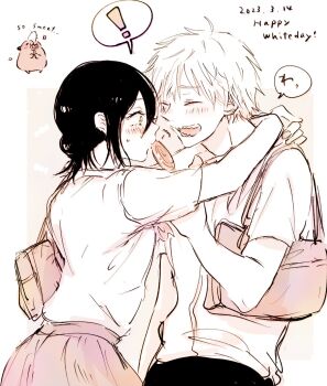 ! 1boy 1girl 1other bag black_hair blush candy chainsaw_man closed_eyes commentary_request denji_(chainsaw_man) english_text food green_eyes highres holding holding_candy holding_food holding_lollipop lollipop looking_at_another pochita_(chainsaw_man) reze_(chainsaw_man) school_bag school_uniform sharp_teeth speech_bubble swirl_lollipop teeth yukichi_(imoko41)