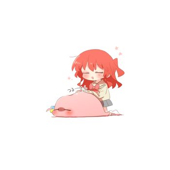 1girl :d blush bocchi_the_rock! bow bowtie chibi chibi_only closed_eyes commentary_request cube_hair_ornament full_body gotoh_hitori gotoh_hitori_(tsuchinoko) grey_skirt hair_ornament kita_ikuyo long_hair long_sleeves no_shoes one_side_up open_mouth petting pleated_skirt rebecca_(keinelove) red_bow red_bowtie red_hair school_uniform shuka_high_school_uniform simple_background sitting skirt smile socks white_background white_socks