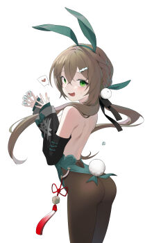 1girl absurdres animal_ears ass back backless_leotard backless_outfit bare_back bare_shoulders black_pantyhose blush braid brown_hair brown_pantyhose card commentary_request cowboy_shot detached_sleeves fake_animal_ears fake_tail green_eyes green_leotard hair_between_eyes hair_ornament hairband hairclip heart highres holding honkai:_star_rail honkai_(series) k_hottok leotard long_hair long_sleeves looking_at_viewer looking_back mahjong mahjong_tile open_mouth pantyhose playboy_bunny qingque_(honkai:_star_rail) rabbit_ears rabbit_tail simple_background smile solo spoken_heart strapless strapless_leotard tail tassel twintails white_background