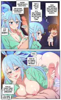 1boy aqua_(konosuba) blue-senpai blue_eyes blue_hair blush breasts censored cleavage comic english_text green_shirt hair_ornament hetero indoors kono_subarashii_sekai_ni_shukufuku_wo! large_breasts long_hair looking_at_viewer mosaic_censoring naughty_face open_mouth pajamas penis penis_awe satou_kazuma shirt smile tongue tongue_out