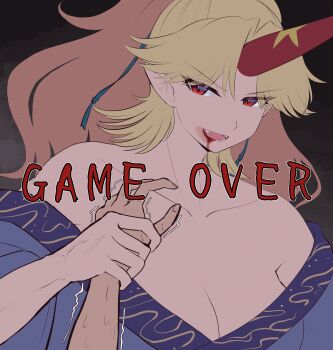 1girl 1other absurdres blonde_hair blood blood_from_mouth blue_kimono breasts cleavage commentary_request cone_horns elaphe_guttata6 eyes_visible_through_hair game_over grey_background highres holding_hands horns hoshiguma_yuugi hoshiguma_yuugi_(kimono) japanese_clothes kimono large_breasts long_hair looking_at_viewer off_shoulder open_mouth parted_bangs pov pov_hands red_eyes red_horns sharp_teeth single_horn smile solo_focus star_(symbol) teeth touhou upper_body v-shaped_eyebrows