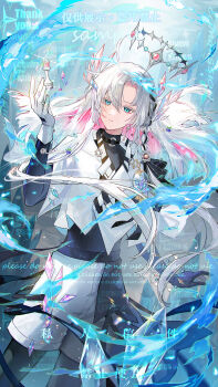 1boy absurdres belt belt_collar black_bodysuit black_collar blue_eyes bodysuit bodysuit_under_clothes chess_piece chest_belt chinese_commentary collar colored_inner_hair commentary_request commission cowboy_shot crystal dot_nose floating_hair gloves halo highres lanme layered_sleeves light_rays long_hair long_sleeves looking_at_object male_focus multicolored_hair object_floating_above_hand original outstretched_hand parted_bangs parted_lips pink_hair sample_watermark shards shirt short_over_long_sleeves short_sleeves shorts solo sparkle too_many_watermarks turtleneck turtleneck_bodysuit underwater very_long_hair water watermark white_belt white_gloves white_hair white_shirt white_shorts