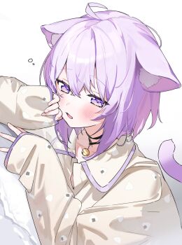 1girl absurdres ahoge alternate_costume animal_ears black_choker blush cat_ears cat_girl cat_tail choker commentary_request highres hololive looking_at_viewer marimo_ke nekomata_okayu open_mouth pajamas purple_eyes purple_hair shirt solo tail virtual_youtuber white_background white_shirt