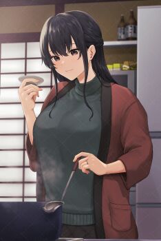 1girl a_mezashi absurdres black_hair bottle braid breasts closed_mouth commentary_request cooking cooking_pot green_sweater highres holding holding_ladle indoors kitchen ladle large_breasts long_sleeves mature_female original smile solo standing sweater