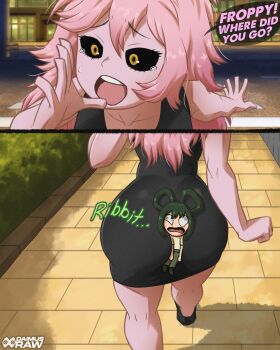 2girls absurdres ashido_mina ashido_mina_time-skip_(meme) ass ass_focus asui_tsuyu between_buttocks black_eyes boku_no_hero_academia chibi commentary daimus_raw derivative_work english_commentary english_text green_hair highres inconvenient_ass long_hair multiple_girls open_clothes open_mouth stuck tears teeth tongue upper_teeth_only worried