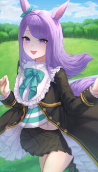 1girl absurdres animal_ears aqua_bow aqua_bowtie aqua_ribbon black_jacket black_skirt blue_sky bow bowtie cloud ear_bow ear_ribbon frilled_jacket frills grass green_bow green_bowtie highres horse_ears horse_girl horse_tail jacket lesu long_hair long_sleeves looking_at_viewer mejiro_mcqueen_(frontline_elegance)_(umamusume) mejiro_mcqueen_(umamusume) midriff_peek navel open_mouth outdoors pleated_skirt purple_eyes purple_hair ribbon shirt skirt sky smile solo striped_clothes striped_shirt tail tree umamusume