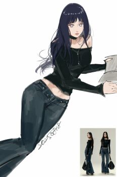 1girl alternate_costume bare_shoulders black_choker black_hair black_shirt blue_pants blunt_bangs book breasts choker dated denim feet_out_of_frame grey_eyes hanchu27 highres holding holding_book hyuuga_hinata jeans long_hair long_sleeves medium_breasts midriff naruto_(series) no_pupils off-shoulder_shirt off_shoulder pants reference_inset shirt sleeves_past_wrists solo straight_hair white_background