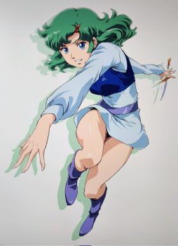 1girl belt blue_belt blue_boots blue_dress blue_eyes boots breasts commentary_request dress drop_shadow elchi_cargo full_body green_hair grey_background hair_ornament hairclip highres knife looking_at_viewer medium_breasts medium_hair parted_lips sentou_mecha_xabungle short_dress simple_background smash_k-tarou smile solo thighs