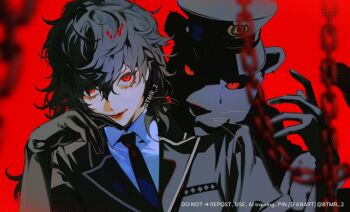 1boy amamiya_ren black_gloves black_hair black_hat black_jacket black_necktie black_panther blood blood_in_hair btmr_game chain collared_shirt crossdressing crossdressing_(mtf) eyelashes gloves hair_between_eyes hat jacket lipstick looking_at_viewer makeup necktie official_alternate_costume panther persona persona_5 police police_hat police_uniform red_background red_eyes red_lips shirt smile trap wavy_hair white_shirt