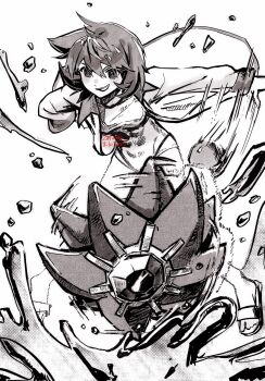 1girl 2erums breasts eyelashes gen_1_pokemon hair_between_eyes highres jacket long_sleeves looking_down misty_(pokemon) nintendo one-piece_swimsuit open_clothes open_jacket open_mouth pants poke_ball pokemon pokemon_gsc pokemon_hgss riding riding_pokemon rock sandals shirt short_hair smile starmie swimsuit water