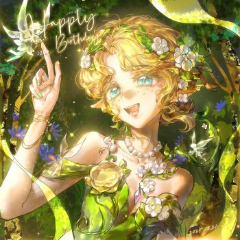 1girl absurdres bare_shoulders bead_necklace beads blonde_hair blue_eyes breasts chinese_commentary collarbone commentary_request dated dress emma_woods fairy flower freckles green_background green_dress green_nails green_ribbon hair_bun hair_flower hair_ornament hand_up happy_birthday highres identity_v index_finger_raised jewelry necklace off-shoulder_dress off_shoulder official_alternate_costume open_mouth petals ribbon small_breasts solo teeth upper_body wavy_hair white_flower xiaobei98489