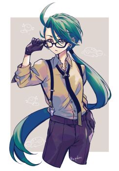 1girl black_necktie clodsire collared_shirt earrings glasses gloves green_hair highres jewelry long_hair looking_at_viewer mipokec necktie nintendo paldean_wooper pants parted_lips pokemon pokemon_sv ponytail red_eyes rika_(pokemon) shirt suspenders twitter_username very_long_hair