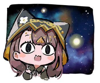 1girl animal_ear_hood arknights black_eyes brown_hair chibi chibi_only fake_animal_ears flower hand_up head_chain hood hood_up hooded_jacket jacket jewelry long_hair meme open_mouth pepe_(arknights) solo space space_cat_(meme) star_(sky) sukima_(crie) white_flower