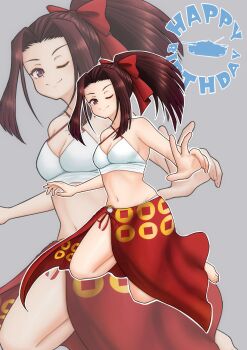 Rule 34 | 1girl, absurdres, amanone yun, bikini, bikini skirt, blush, breasts, brown eyes, brown hair, cleavage, closed mouth, commentary request, girls und panzer, grey background, hair ribbon, highres, long hair, looking at viewer, medium breasts, navel, one eye closed, ponytail, ribbon, saemonza (girls und panzer), simple background, smile, solo, swimsuit, white bikini