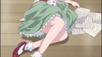 10s 1girl animated animated_gif anime_screenshot bare_legs blush breasts brown_hair dress fallen_down female_focus green_hair hinako_note indoors kuroyanagi_ruriko large_breasts looking_at_viewer mary_janes oppai_loli papers purple_eyes shoes short_hair solo