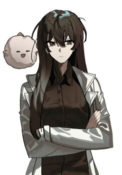 1girl animal averting_eyes biyoo_(omniscient_reader&#039;s_viewpoint) black_eyes black_hair black_shirt coat collared_shirt cowboy_shot crossed_arms double-parted_bangs expressionless facing_viewer genderswap genderswap_(mtf) hair_between_eyes hair_over_shoulder kim_dokja long_hair ma_someru omniscient_reader&#039;s_viewpoint open_clothes open_coat popped_collar shirt solo white_coat