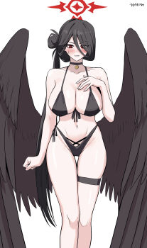 1girl absurdres bikini black_bikini black_hair black_wings blue_archive blush breasts choker cleavage clenched_hand collarbone feathered_wings gegegekman hair_between_eyes hair_bun halo hand_on_own_chest hasumi_(blue_archive) hasumi_(swimsuit)_(blue_archive) highleg highleg_bikini highres large_breasts legband long_hair red_eyes red_halo signature single_side_bun smile solo stomach sweatdrop swimsuit white_background wings