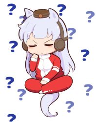 Rule 34 | 1girl, ?, animal ears, blue bow, blush, bow, brown hat, chibi, closed eyes, closed mouth, ear bow, ear covers, facing viewer, full body, gold ship (umamusume), gomashio (goma feet), grey hair, hand up, hat, horse ears, horse girl, horse tail, jacket, long hair, mini hat, pants, red jacket, red pants, simple background, solo, tail, track jacket, track pants, track suit, umamusume, v-shaped eyebrows, very long hair, white background