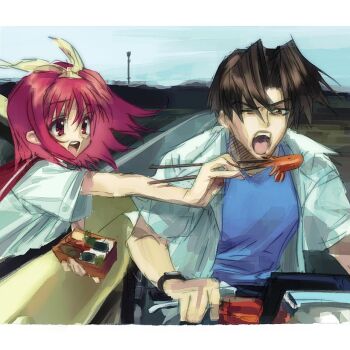 Rule 34 | 1boy, 1girl, album cover redraw, bento, blue shirt, brown eyes, brown hair, car, chopsticks, curtained hair, day, derivative work, driving, feeding, floating hair, food, food art, fujita hiroyuki, hair ribbon, holding, holding bento, holding chopsticks, holding with chopsticks, kamigishi akari, layered shirt, letterboxed, looking at another, motor vehicle, motorcycle, one eye closed, open clothes, open mouth, open shirt, outdoors, outstretched arm, parody, radwimps (band), red eyes, red hair, ribbon, road, shirt, short hair, short sleeves, tako-san wiener, tako3000, to heart, to heart (series), upper body, v-shaped eyebrows, watch, white shirt, wristwatch, yellow ribbon